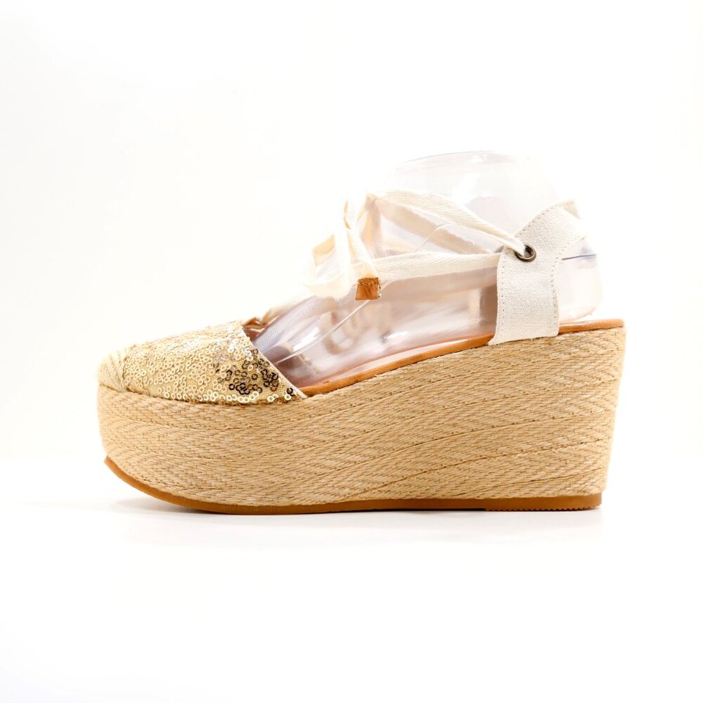 Silvia Cobos Handmade Gold Sequin Ankle Wrap 3" Platform Espadrilles - 9